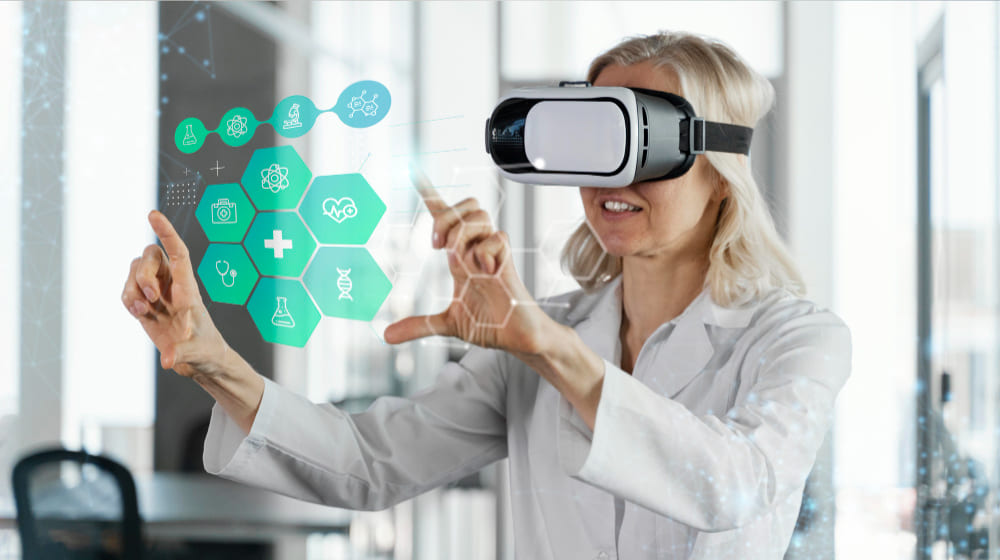 medical banner with woman wearing vr glasses